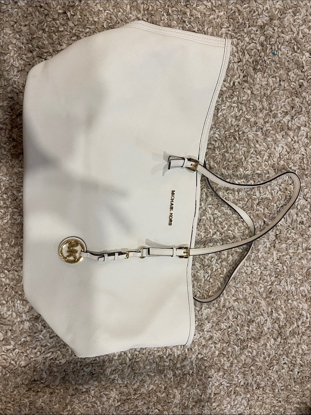 Michael Kors White Leather Shoulder Tote with Gold Charm Neverfull